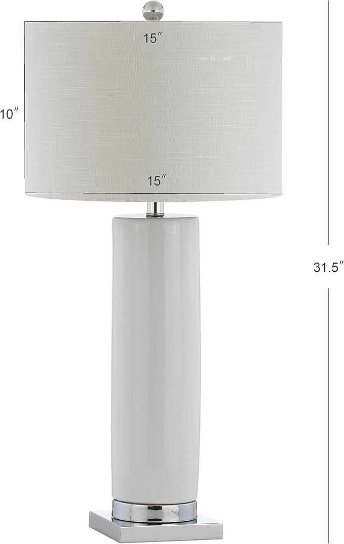 JONATHAN Y 31.5" White Ceramic Table Lamp with Chrome Base for Living Room, White Linen Drum Shade, Modern Bedside Lamp for Bedroom Office Nightstand, LED Bulb Included JYL8021A