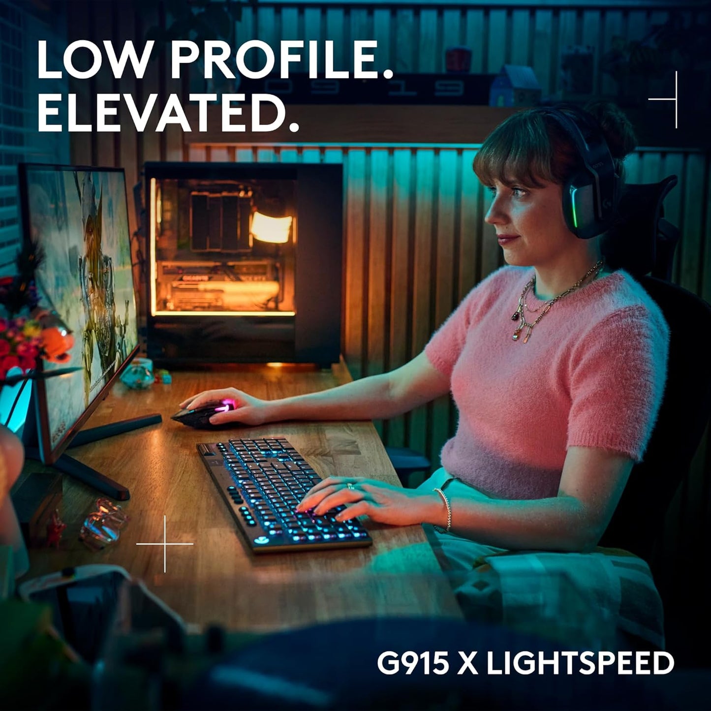 Logitech G915 X Lightspeed Wireless Mechanical Gaming Keyboard, Double-Shot PBT Keycaps, Fully Programmable Keys, RGB Backlit Mac/PC Gaming Keyboards, Aluminum Finish, GL Linear Switches, Black