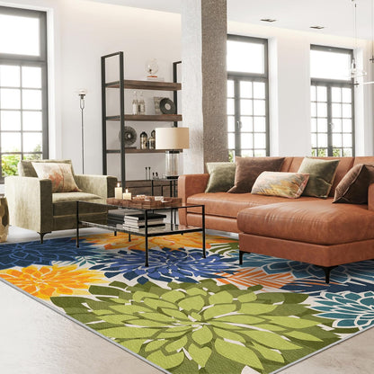 Indoor Outdoor Area Rug Washable Multicolored Patio Rug Tropical Botanical Modern Floral Indoor Outdoor Carpet Non Slip Yellow Green Rug Non Shedding for Patio, Deck, Backyard, Porch (6x9)