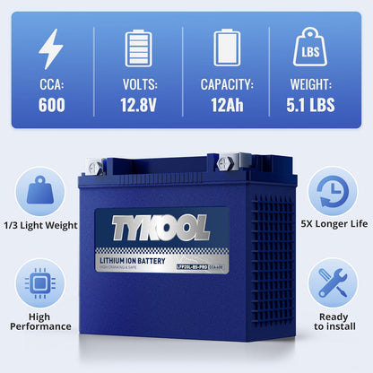TYKOOL YTX20L-BS/YTX20HL/YB16CL-B High Performance LiFePO4 Lithium Motorcycle Battery,12V 12Ah, 600CCA,Digital Readout, Fits for ATV,UTV,Jet Ski,PWC,Snowmobile, Quad,Riding Lawn Mower, tractor