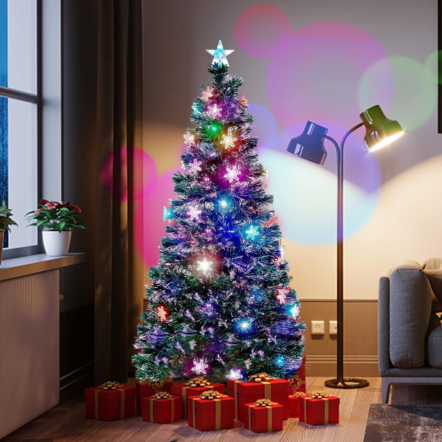 Juegoal 6 ft Pre-Lit Optical Fiber Christmas Artificial Tree, RGB Color Changing LED Lights, Snowflakes & Top Star, Fake Xmas Tree with Metal Legs