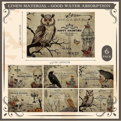 Umigy 6 Pcs Halloween Placemats 12"x18" Gothic Bat Placemats Kitchen Decoration Washable Witch Place Mats Rectangle Skull Table Mats for Halloween Dining Table Accessories(Poster Style)