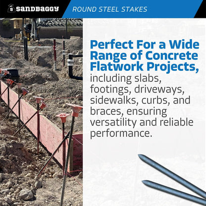 Sandbaggy Round Steel Concrete Form Stakes with Nail Holes - Rust Resistant Coating - Removable, Reusable (20, 3/4 in X 24 in)