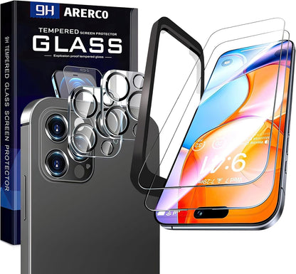 2 pack Full 9H+ 12FT Military Grade Glass Screen Protector for iPhone 15 Pro + 2 pack Camera Lens Protector with easy Installation Frame Case Friendly Shatterproof Tempered Glass 9H+ Hardness HD Clear Anti-Scratch Glass Full Edge Coverage (6.1) 15Pro