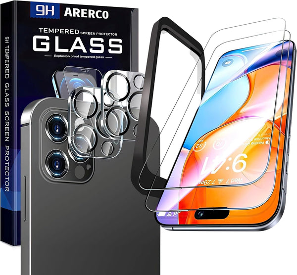 2 pack Full 9H+ 12FT Military Grade Glass Screen Protector for iPhone 15 Pro + 2 pack Camera Lens Protector with easy Installation Frame Case Friendly Shatterproof Tempered Glass 9H+ Hardness HD Clear Anti-Scratch Glass Full Edge Coverage (6.1) 15Pro