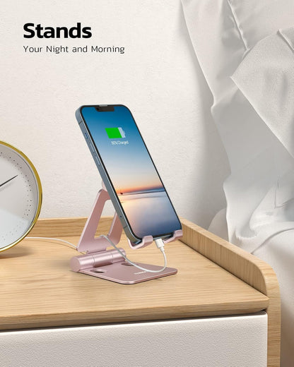 Nulaxy Dual Folding Cell Phone Stand, Fully Adjustable Foldable Desktop Phone Holder Cradle Dock Compatible with Phone 16 15 14 13 12 11 Pro Xs Xs Max Xr X 8, Nintendo Switch, All Phones - Rose Gold