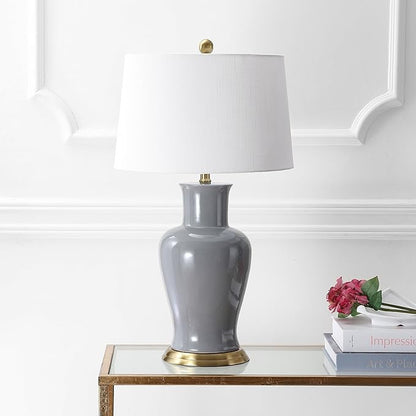 JONATHAN Y 29" Gray Traditional Ceramic Urn LED Table Lamp for Bedroom Decor, White Linen Drum Shade, Classic Nightstand Lamp for Living Room, LED Bulb Included (JYL4026C)