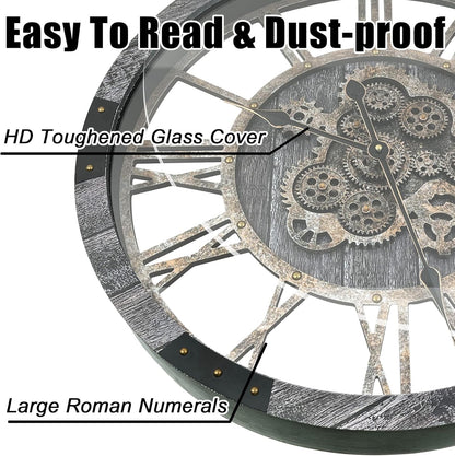 DORBOKER 24" Large Wall Clock with Moving Gears,Oversize Vintage Industrial Rustic Farmhouse Clocks for Living Room Decor Office Home,Solid Wood HD Tempered Glass Cover,Carbon Grey