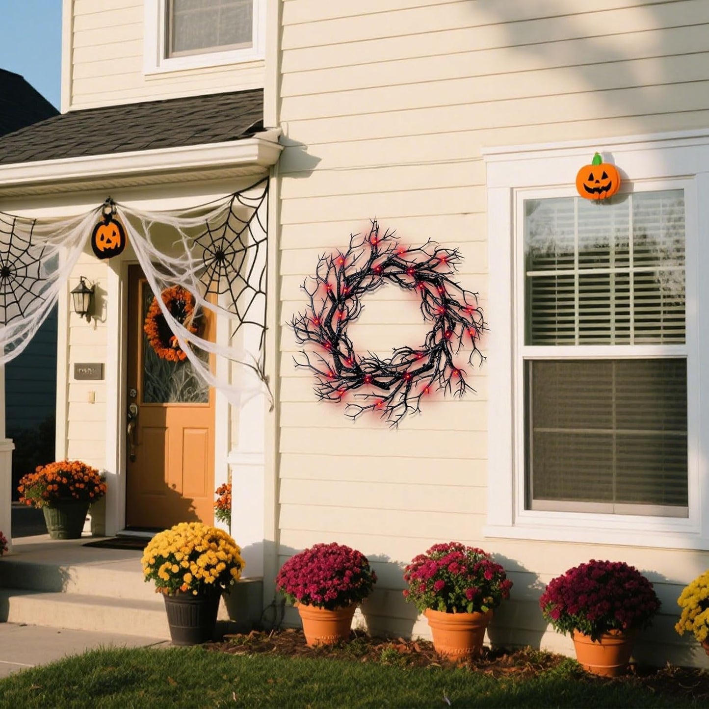 Halloween Black Branch Wreath - 16.5 Inch Glitter Black Twig Halloween Wreaths with Red Lights for Front Door Indoor Outdoor Party Window Wall Decor Farmhouse Garland Yard