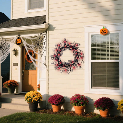 Halloween Black Branch Wreath - 16.5 Inch Glitter Black Twig Halloween Wreaths with Red Lights for Front Door Indoor Outdoor Party Window Wall Decor Farmhouse Garland Yard