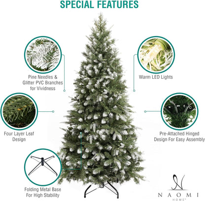 Naomi Home 6.5ft White Tip Christmas Tree with Lights, Realistic Light Snow Flocked Fir Prelit with 1292 Branch Tips, 350 Warm Lights and Metal Stand, Aritificial Tree