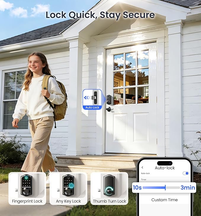 Veise VE017-L Fingerprint Smart Lock with Lever Handles, App Control, Keyless Entry Front Door Lock Set, Electronic Digital Keypad Deadbolt, Remote Grant, Emergency Power Port, Auto Lock, Matte Black