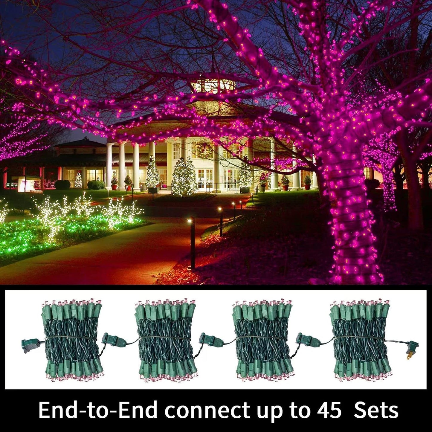 Pink Wide Angle LED String Lights, 64.8 Ft 300 Count, Pack of 3 Strands 21.9 Ft 100 Lights UL Certified Commercial Grade Green Wire 5mm Holiday String Light