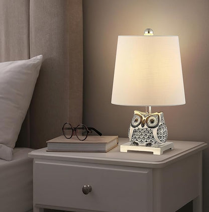 JONATHAN Y 16" Black/White Ceramic Owl Mini Table Lamp for Bedroom or Office, Modern Farmhouse Nightstand Lamp with White Linen Shade, LED Bulb Included (JYL3014C)