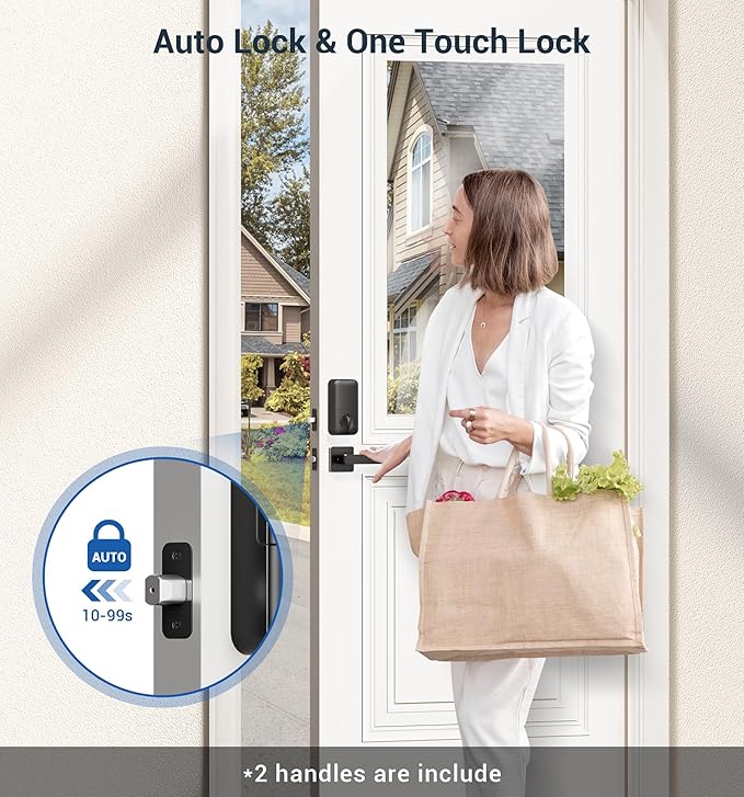 Veise Fingerprint Door Lock Set, Keyless Entry Door Lock, Front Handle Set, Electronic Keypad Deadbolt with Lever Handle, 2 Keys, Auto-Locking, One-time Codes, Easy to Install, Matte Black