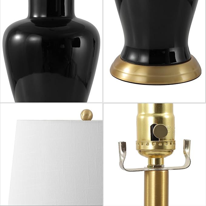 JONATHAN Y 29" Black Traditional Ceramic Urn LED Table Lamp for Bedroom Decor, White Linen Drum Shade, Classic Nightstand Lamp for Living Room, LED Bulb Included (JYL4026F)