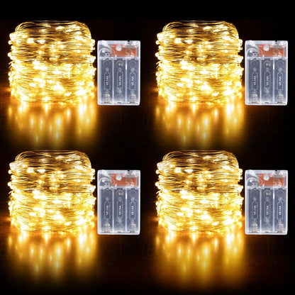 Fairy Lights Battery Operated String Lights 16.4ft 50LED Flashing and Constant Light Waterproof Silver Wire for Christmas DIY Party Bedroom Wedding (Warm White, 4 Pack)