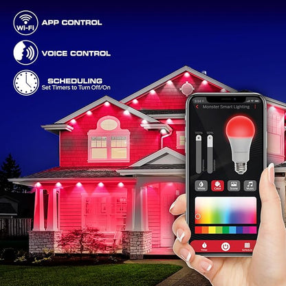 Monster Smart Permanent Outdoor Lights, 50ft, 36 LED Eaves Lights, RGB+IC+WW, Weather & Water Resistant, App & Voice Control, Compatible with Alexa and Google, for Halloween, Christmas & Year-Round