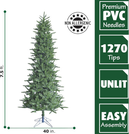 Fraser Hill Farm 7.5-Ft. Carmel Pine Slim Artificial Christmas Tree with Stand, Unlit Foldable Fake Tree with Realistic Foliage for Home Decoration