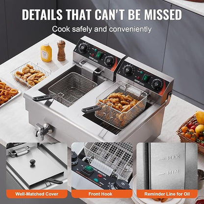 VEVOR Commercial Deep Fryer, Dual Tank 3000W Electric Countertop Fryer with Basket, 2 x 11.6Qt/11L Double Stainless Steel Oil Fryer with Drain, Time & Temp Control, for Kitchen Restaurant Use