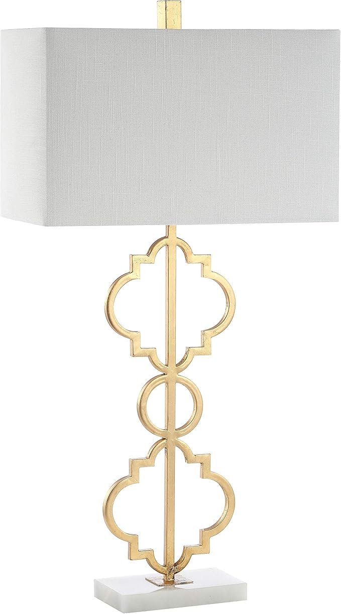JONATHAN Y 32" Gold Selina Ogee Trellis LED Table Lamp, Glam Modern Iron Geometric Lamp for Living Room Bedroom, White Linen Rectangle Shade, LED Bulb Included JYL3072A