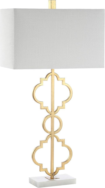 JONATHAN Y 32" Gold Selina Ogee Trellis LED Table Lamp, Glam Modern Iron Geometric Lamp for Living Room Bedroom, White Linen Rectangle Shade, LED Bulb Included JYL3072A