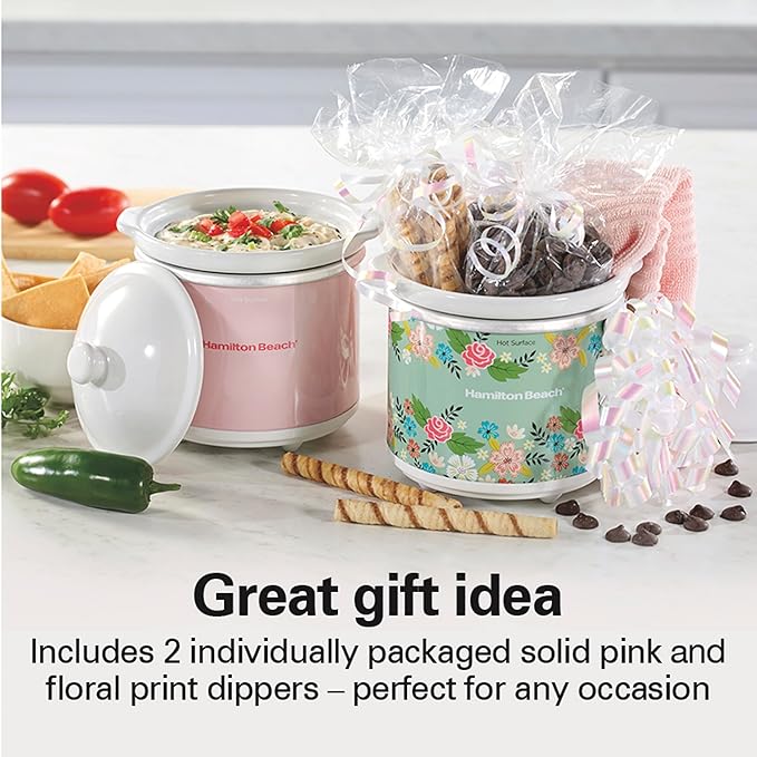 Hamilton Beach Party Dipper Electric Food Warmer Twin Pack, Great for Entertaining and Gifts, 20 oz. Capacity, For Desserts, Dips, Sauces, Cheeses, Solid Pink and Colorful Floral Print (33102)