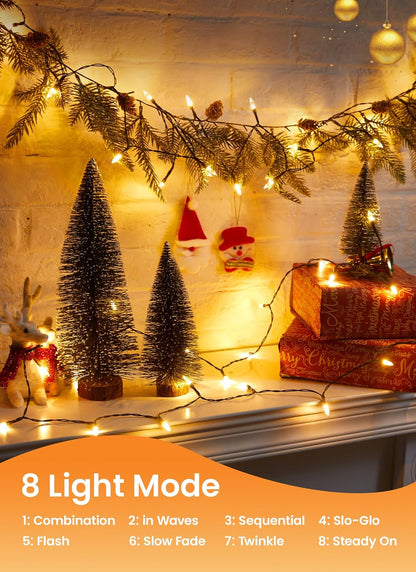 LED Christmas Mini Lights, 39 Feet 100 LED Clear Bulbs String Lights with 8 Light Modes, Connectable Fairy Lights Plug in for Outdoor Xmas Trees Garland Wreath Holiday Decorations, Warm White