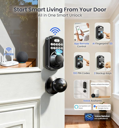 Veise VE012W-K Built-in WiFi Fingerprint Smart Lock with 2 Knobs, No Hub Needed, Remote APP Control, Keyless Entry Door Lock, Smart Deadbolt for Front Door, Auto Locking, Matte Black