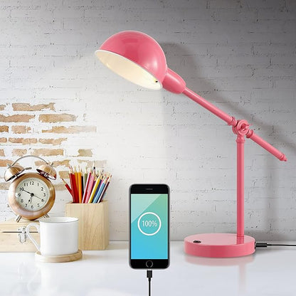 JONATHAN Y 20.25" Pink Vintage Industrial Iron Adjustable Task Lamp with USB Charging Port for Office Desk, Metal Yellow Dome Shade, LED Bulb Included (JYL7123D)