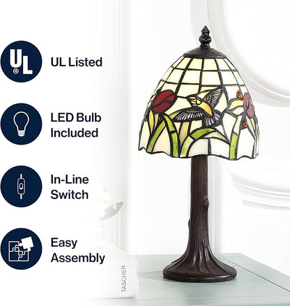 JONATHAN Y 12" Bronze Hummingbird Tiffany-Style LED Table Lamp, Handcrafted Multicolored Stained Glass Bell Shade, Traditional Bedside Accent Lamp, LED Bulb Included JYL8014A