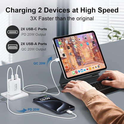 USB C Fast Wall Charger Block, 2Pack 40W USBC Charging Cubes, 4-Port PD+QC Power Adapter Multiport Brick Type C Box Plug for Phone 16/15/14/13/12/11/Pro Max/Plus, Pad Mini/Pro/S25/S24
