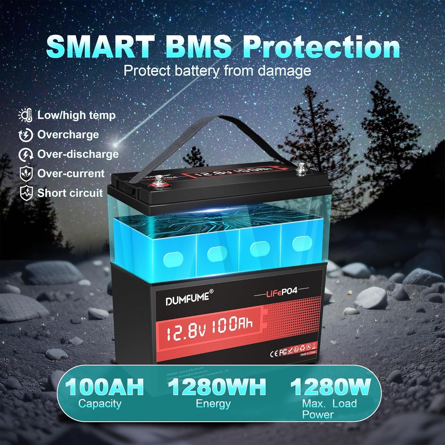 2 pack 12V 100Ah LiFePO4 Lithium Battery Built-in 100A BMS, 6000+ Cycles, 1280Wh, High Energy Density, Ideal for RVs, Boats, and Off-Grid Applications