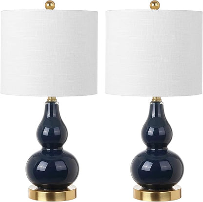 JONATHAN Y 20.5" Navy Glass Table Lamp, Modern Gourd Bedside Nightstand Lamp for Bedroom, Living Room, White Linen Shade, LED Bulb Included (JYL1028F-SET2)