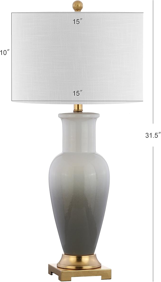 JONATHAN Y 31.5" White/Gray Dip Dye Ceramic Table Lamp for Living Room, Large Bedside Lamp for Bedroom with White Linen Drum Shade, Traditional End Table Light, LED Bulb (JYL3017B)