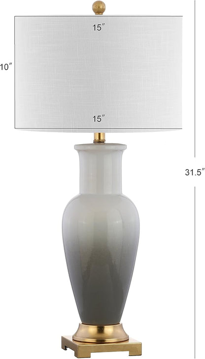 JONATHAN Y 31.5" White/Gray Dip Dye Ceramic Table Lamp for Living Room, Large Bedside Lamp for Bedroom with White Linen Drum Shade, Traditional End Table Light, LED Bulb (JYL3017B)
