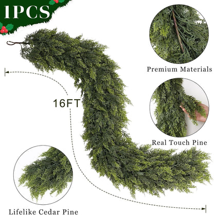 Real Touch Cedar Garland - Artificial Christmas Garlands Faux Green Cedar Fake Pine Needles Garland for Fireplace,Table, Stairs, Mantle, Window,Indoor Outdoor,Home,Holiday Decor(1 PCS,16 FT)