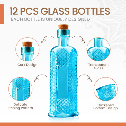 Small Blue Vintage Glass Bottles with Corks, Mini Vases, Decorative, Potion, Assorted Design Set of 12 pcs, 4.6 Inch Tall (11.43cm), 1.4 Inch Wide (3.56cm)