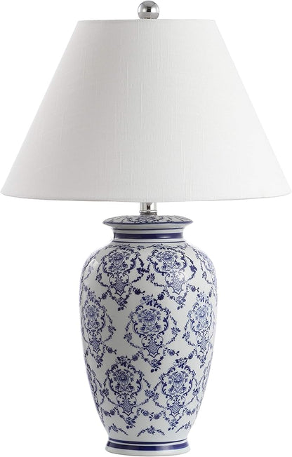JONATHAN Y 26.25" Blue/White Chinoiserie Ceramic Table Lamp, Traditional Asian-Inspired Urn Lamp for Living Room Bedroom, White Linen Shade, LED Bulb Included JYL8023A