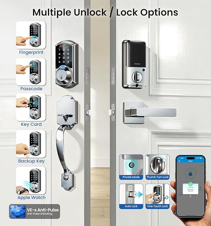 Veise VE07-H Fingerprint Smart Locks for Front Door with Handle Set, App Control, Keyless Entry Keypad Deadbolt, Digital Electronic Touchscreen, Easy Install, Auto Lock, Satin Nickel