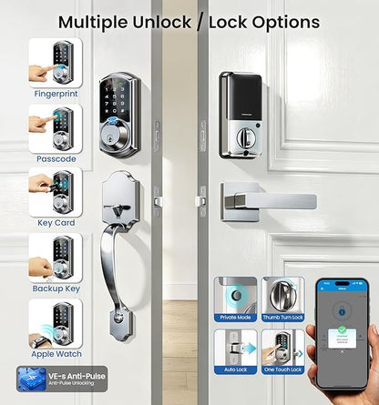 Veise VE07-H Fingerprint Smart Locks for Front Door with Handle Set, App Control, Keyless Entry Keypad Deadbolt, Digital Electronic Touchscreen, Easy Install, Auto Lock, Satin Nickel