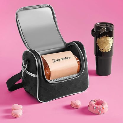 Juicy Couture Insulated Lunch Bag – Stylish Cooler Tote with Adjustable Crossbody Strap, Debossed Logo, Black – Women's Lunch Box Bag for Work, School, Travel