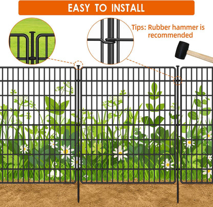 10 Panels No Dig Fence with Gate, 40 in(H) X 24 ft(L) Garden Decorative Fence Animal Barrier for Dogs, Rustproof Metal Garden Edging Border for Outdoor, Yard, Patio, Black