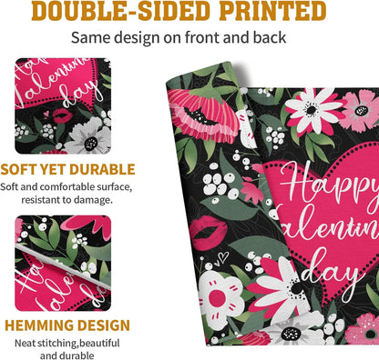 Happy Valentine's Day Placemats Set of 4 Valentine Flowers Love Heart Place Mats Pink Red White Floral Linen Table Mats Seasonal Black Placemat for Anniversary Wedding Party Kitchen Dining Decor