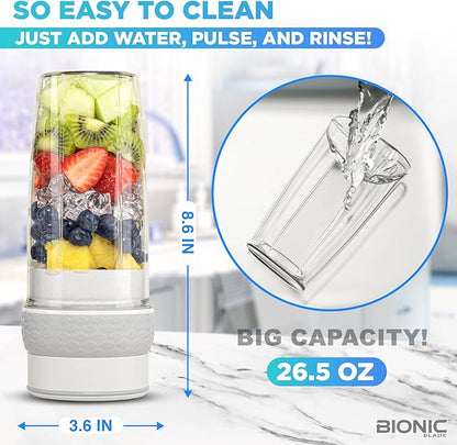 Bionic Blade Personal Portable Blender 26.5 oz with Extra Shaker & Lid, Cordless & Rechargeable, Airtight Mini Blender for Smoothies, Shakes, Juices & Sauces, White, As Seen on TV