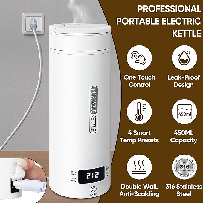 Portable Electric Kettle, Travel Tea Kettle, Small Hot Water Boiler Coffee Heater 450ML, 316 Stainless Steel, 4 Temperature Settings with Fast Boiling Water Auto Shut-off Boil Dry Protection (White)