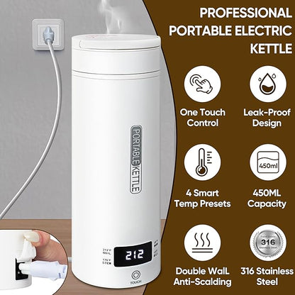 Portable Electric Kettle, Travel Tea Kettle, Small Hot Water Boiler Coffee Heater 450ML, 316 Stainless Steel, 4 Temperature Settings with Fast Boiling Water Auto Shut-off Boil Dry Protection (White)