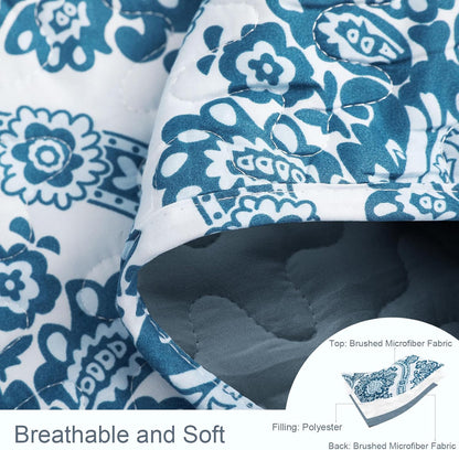 Exclusivo Mezcla Reversible Boho Quilt Set Queen Size, 3 Pieces Damask Blue All Season Bedspreads, Ultra Soft Floral Coverlet Bedding Set with Printed Pattern (1 Quilt, 2 Pillow Shams)