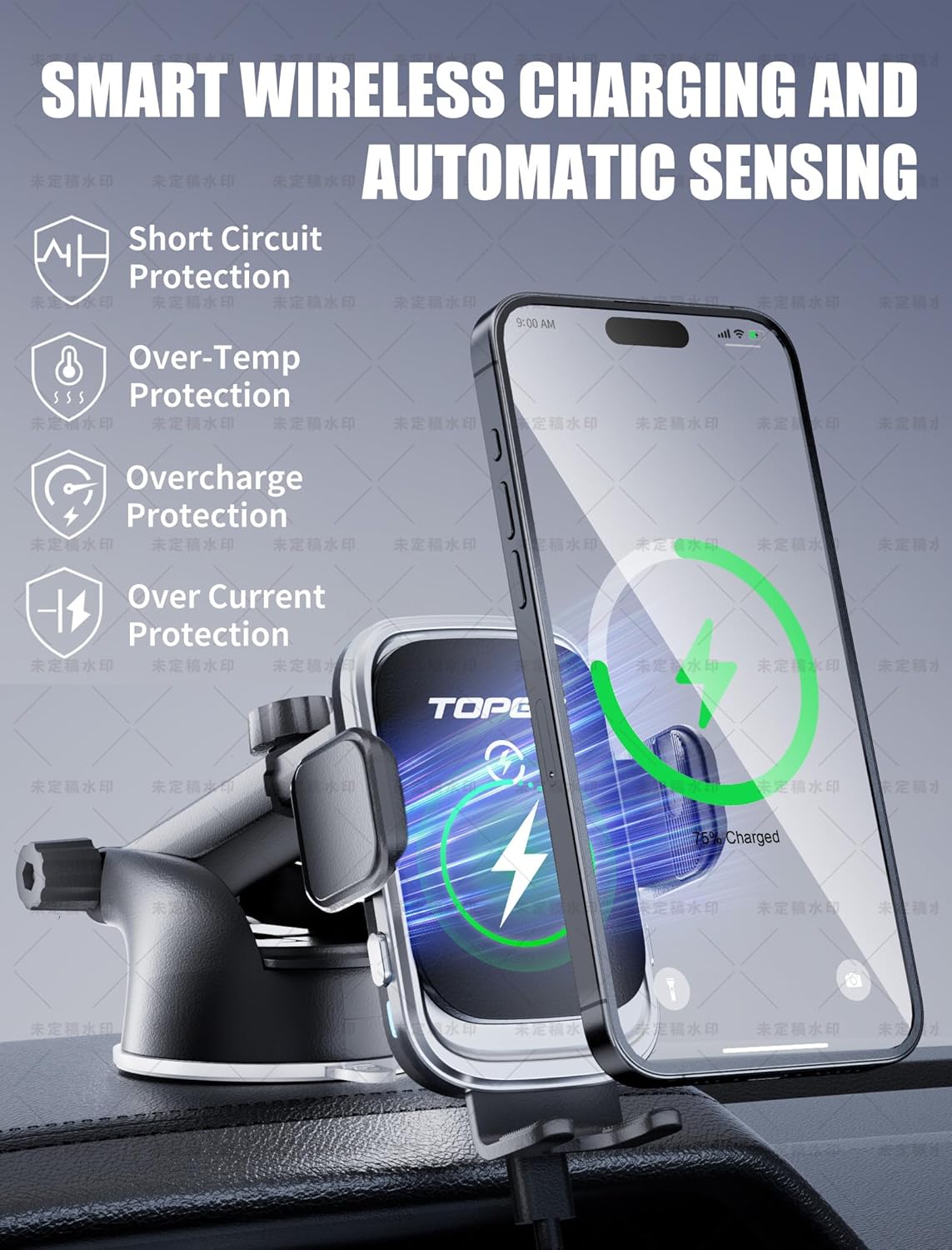 TOPGO Dashboard Wireless Car Charger, Universal Cell Phone Holder, Wireless Charger Phone Holder, 15W Fast Charging for iPhone16 Pro Max, Samsung Galaxy - Black