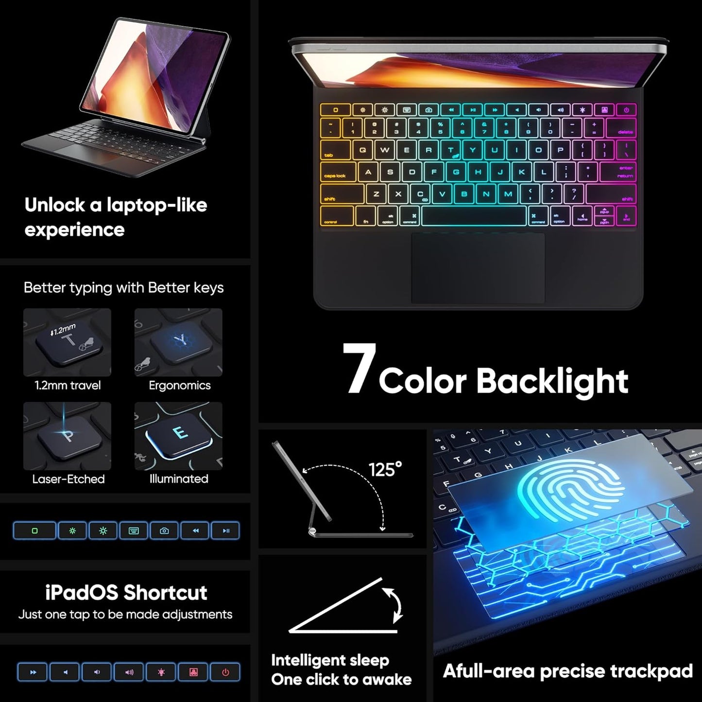 doqo Keyboard case for iPad Air 13 (M2) 2024/ (M3) 2025 and iPad Pro 12.9(6th,5th,4th,3rd Gen), Magic Keyboard case with Multi-Touch Trackpad Slim 7 Colors Backlit Black